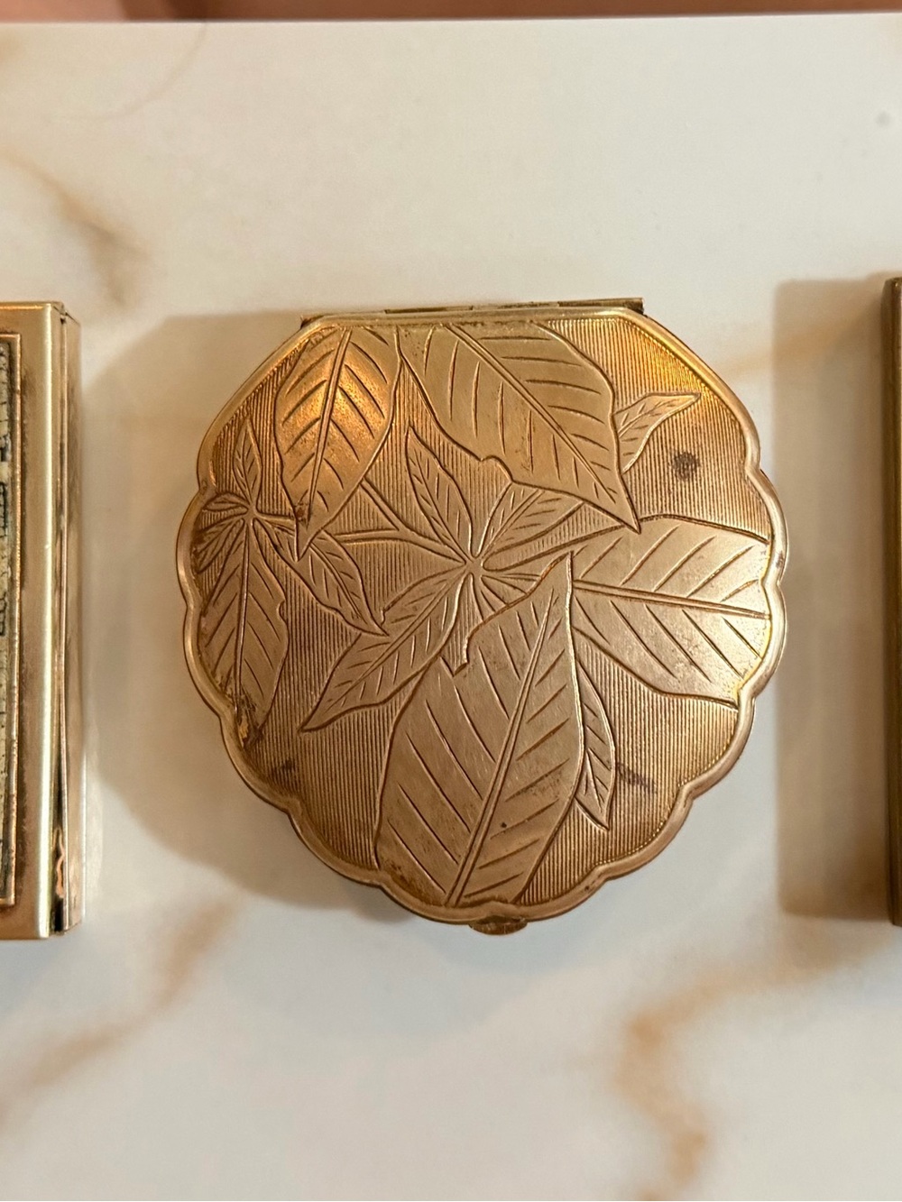 Vintage Leaf-Engraved Compact Brass set of Three